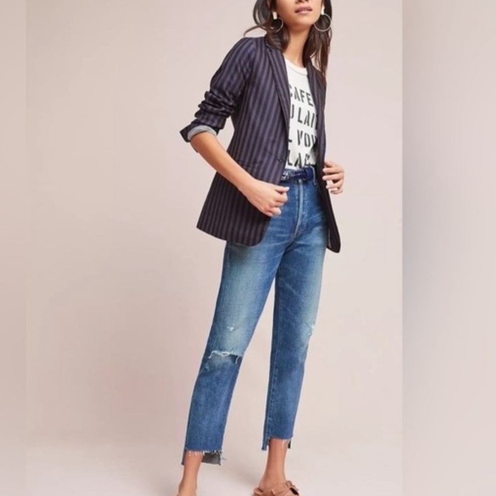 EUC, Heartloom Joplin Blazer size M Medium, navy blue striped